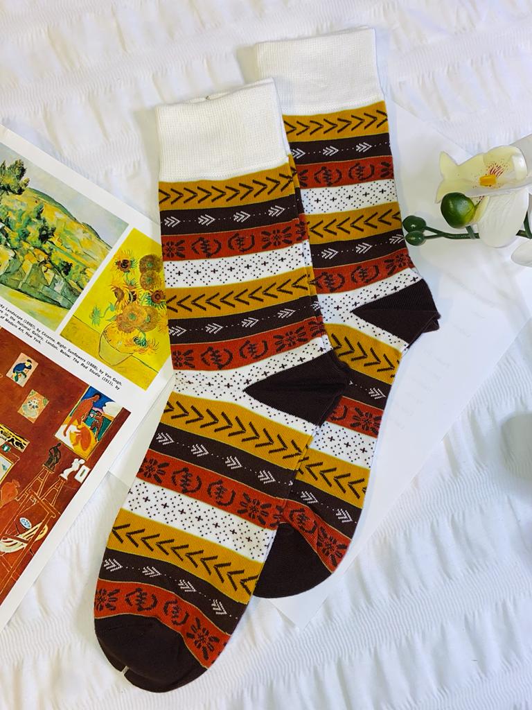 White and Brown African Print Socks