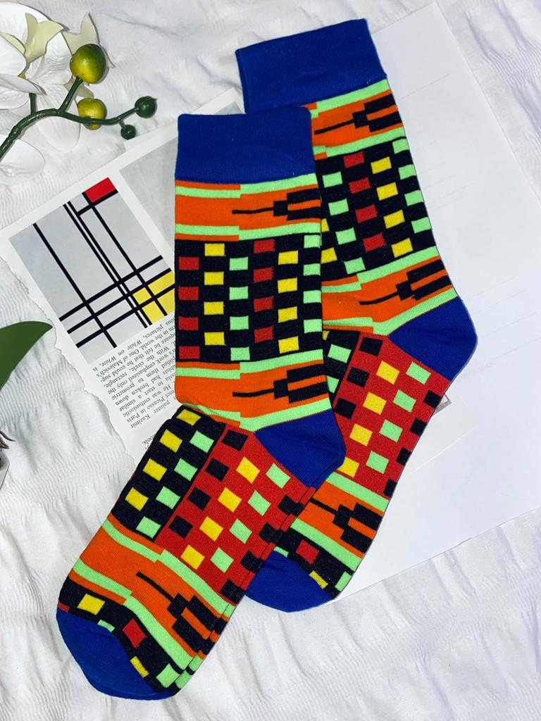 Blue Check Box African Print Socks